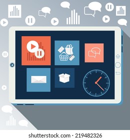E-Business concept, computers, smartphone pc with graphs and internet shopping business news in device in flat design style