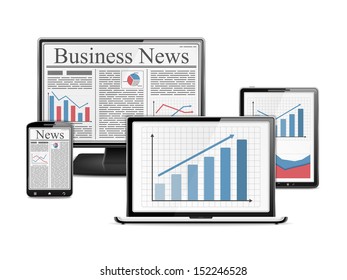 E-Business concept, computers, smartphone and tablet pc with graphs and business news, vector eps10 illustration