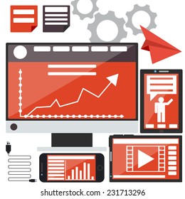 E-Business concept, computers, smartphone and tablet pc with graphs and business news in device in flat design style