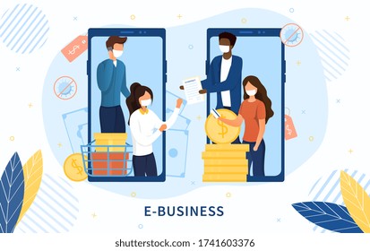 E-Business concept with online transaction between two groups of business people on mobile devices exchanging documents and money, colored vector illustration