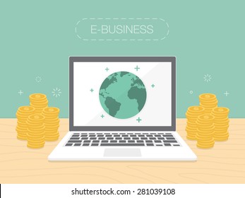 E-Business. Flat design illustration. Make money from computer and internet