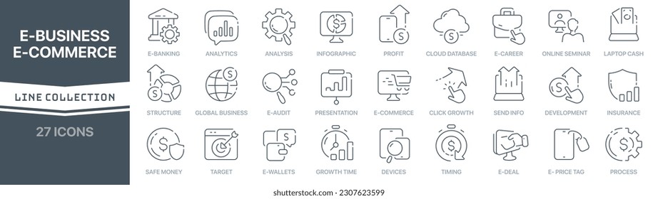Colección de iconos con signo lineal de comercio electrónico. Colección de iconos de línea delgada firmada. Conjunto de iconos simples de esquema de negocios electrónicos