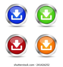 E-business and web buttons set with download symbol and icons on colorful silver badge vector EPS 10 illustration isolated on white background.