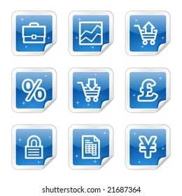 Iconos web de negocios electrónicos, serie de stickers azules y lustrosos