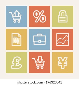 Iconos web de negocios electrónicos, botones cuadrados de color