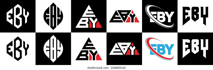 EBY letter logo design in six style. EBY polygon, circle, triangle, hexagon, flat and simple style with black and white color variation letter logo set in one artboard. EBY minimalist and classic logo