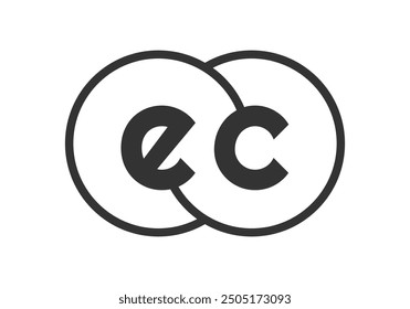 EC business company emblem with outline rounds and letters e c. Logo template of two merged circles for brand identity, logotype. Vector Infinity symbol  and technology sign.