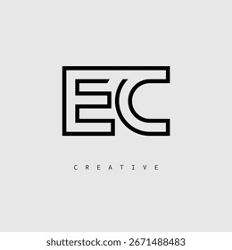 Logotipo EC Creative Letter - Monograma de linha mínima em contorno preto para design de identidade de marca moderno.