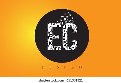 EC E C Logo Design Made of Small Letters with Black Circle and Yellow Background.