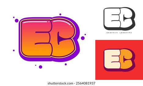 EC logo design for festival or party. Initial letter e and c in graffiti style. Creative modern lettering company name of font typography. Kids trendy logotype or identity. Vector illustration.