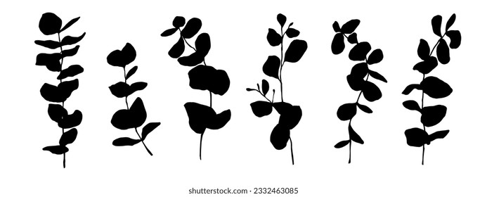 Ecalyptus tree branches silhouette set. Vector graphics.