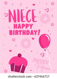 eCard, Greeting Card Happy Birthday Niece hand drawn pink design with cake and balloon, hearts and text sweet princess