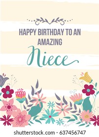 eCard, Greeting Card Happy Birthday Amazing Niece hand drawn design with beige stripes and flowers