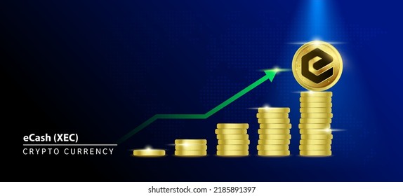 eCash (XEC) Coin crypto on blue background. Stablecoin blockchain token price increase from pile of gold coins.There is space to enter message. Nice for cryptocurrency digital money concept.