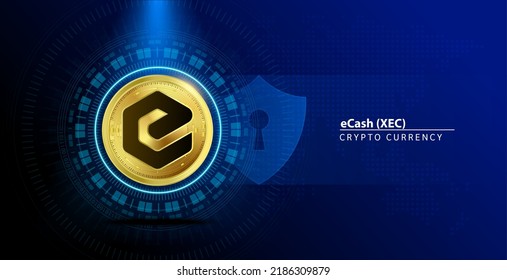 Moneda de oro de dinero electrónico (XEC). Cryptocurrency blockchain. Futuro concepto de tecnología digital de reemplazo de divisas (cripto currency). Sobre fondo azul. Ilustración vectorial 3D.