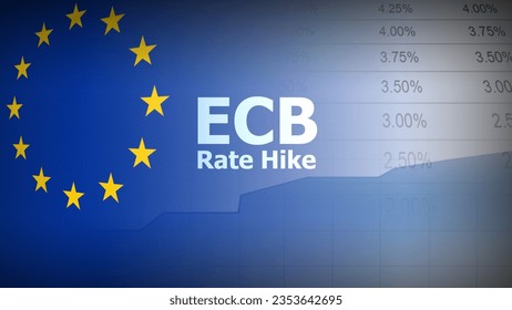 ECB Rate Hike. European flag, basis point quotation, and line area chart. The concept of monetary policy raises interest rates.