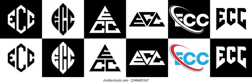 ECC letter logo design in six style. ECC polygon, circle, triangle, hexagon, flat and simple style with black and white color variation letter logo set in one artboard. ECC minimalist and classic logo