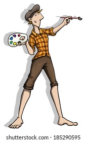 Eccentric artist, with pallet and paintbrush, vector illustration
