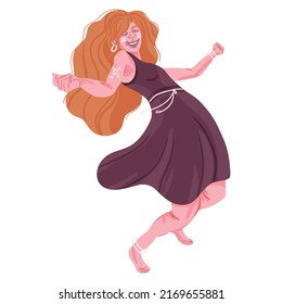Eccentric beautiful woman in a joyful rhythm dancing. The concept of rhythm, movement, enjoyment. Flat illustration of rhythm and energy. Moving to Sound Rhythm Happy Leisure and Sparetime.