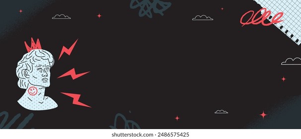 An eccentric black and white banner with a statue of Apollo with strokes of red paint. Black and white design template.