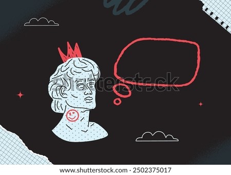 An eccentric black and white banner with a statue of Apollo, painted with red paint and an empty bubble.