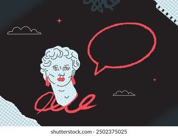 An eccentric design of a post or banner with a statue of the goddess circled with strokes of red paint and an empty bubble for dialogue next to it. Black and white template