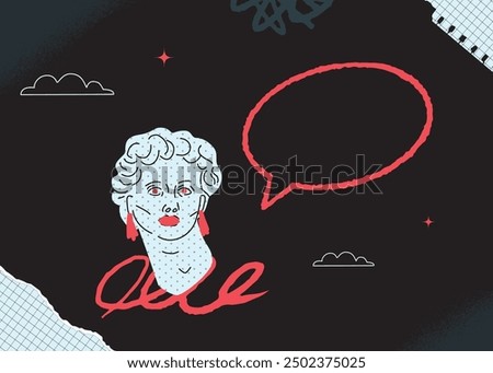 An eccentric design of a post or banner with a statue of the goddess circled with strokes of red paint and an empty bubble for dialogue next to it. Black and white template