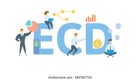 ECD, Estimated Completion Date. Concept With Keywords, People And Icons. Flat Vector Illustration. Isolated On White Background.