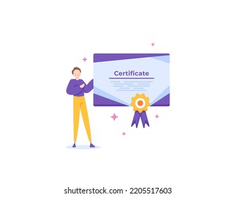 e-certificate or electronic certificate. certification. digital documents. a man or businessman gets a certificate as proof of having attended and completed a training or seminar. illustration concept