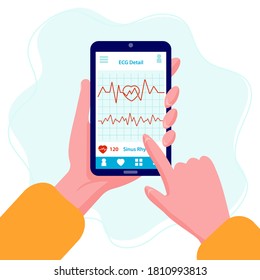 ECG application with heartbeat line. Mobile computer with heart diagnostic on display. Healthcare interface for emergency. 