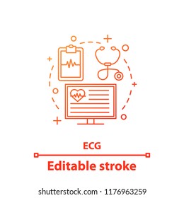 ECG concept icon. Electrocardiography. Cardiology idea thin line illustration. Cardiovascular examination. Heart diseases diagnosis. Vector isolated outline drawing. Editable stroke