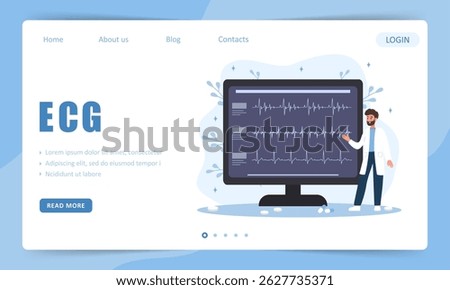 ECG concept. Landing page template. Heart medical diagnosis and treatment. Male doctor. Vector illustration in flat cartoon style.