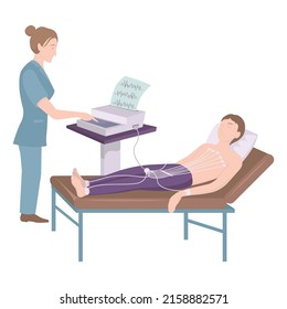 ECG Device. Nurse Doing Medical Examination. The Patient Lies On The Bed. Vector Flat Illustration