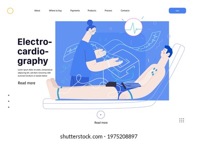 ECG electrocardiography - medical tests web template. Modern flat vector