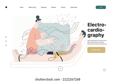 ECG electrocardiography -medical tests web template Modern flat vector concept digital illustration of ECG procedure -patient with sensors and doctor carrying out procedure, medical office, laboratory