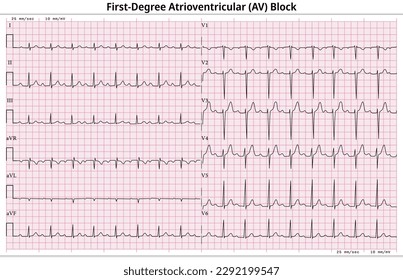 ECG First Degree Atrioventricular Block - 1st degree AV Block - 12 Lead ECG Common Case - 6 Sec - Medical Vector Illustration