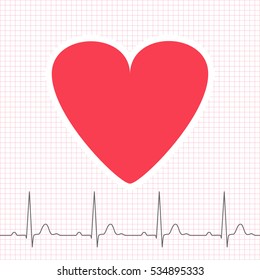 ECG Graph On Grid Paper With Heart Icon, 2d Medical Vector Illustration, Eps 10