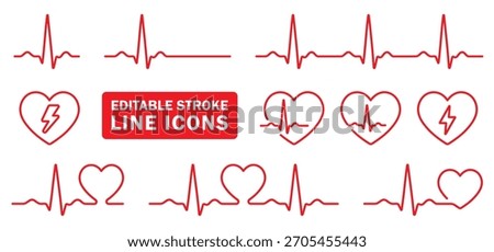 ECG Heart Beat Line Icon Set. A Collection Of Red Vector Thin Line Editable Stroke Icons Representing Heart Rate, Pulse, And EKG Signal. Perfect For Medical, Healthcare, Cardiology And Wellness Design
