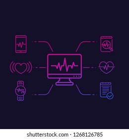 ecg, heart diagnostic, electrocardiography linear vector icons