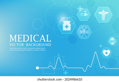 Papel de pared vectorial de latido cardiaco de ECG.fondo médico hexagonal geométrico.