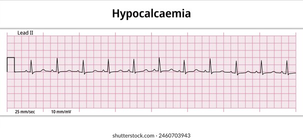 ECG Hypocalcaemia - Hypocalcemia - 8 Second ECG Paper - Electrocardiogram Vector Medical Illustration