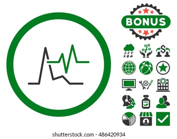 ECG icon with bonus symbols. Vector illustration style is flat iconic bicolor symbols, green and gray colors, white background.