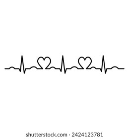The ECG line Heart shape beat. Cardiology. Black and White. One line drawing.