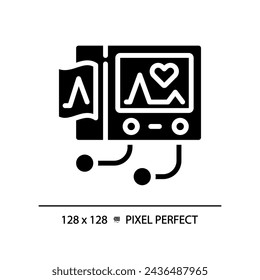 Ecg machine pixel perfect black glyph icon. Cardiac monitoring. Heart rate. Health check up. Diagnostic testing. Silhouette symbol on white space. Solid pictogram. Vector isolated illustration