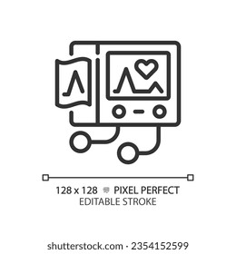 Icono lineal perfecto del píxel de la máquina Ecg. Monitorización cardiaca. Frecuencia cardíaca. Examen de salud. Pruebas de diagnóstico. Ilustración de línea delgada. Símbolo de contorno. Dibujo del contorno del vector. Trazo editable