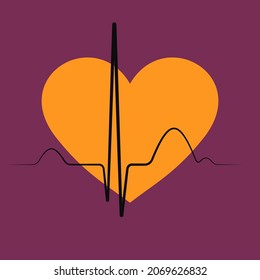 ECG. Un corazón anaranjado latido en una línea de zigzag contra un fondo morado. Patrón de pulso. Afiche del concepto de diagnóstico de derrames cardíacos. Vector.