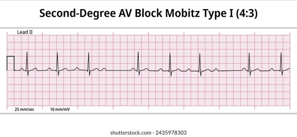 ECG Second Degree AV Block Mobitz Type 1 (4:3) - 8 Second Paper Electrocardiogram - Medical Vector Illustration