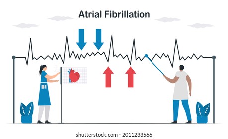 ECG Signal Of Atrial Fibrillation. Doctors Check And Analyze A Heart Disease. Cardiology Vector Illustration.