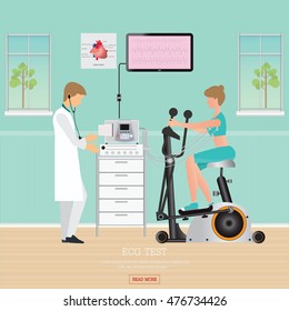 ECG Test or Exercise Test for Heart Disease on Exercise Bikes, cardiology center room interior with blood pressure monitor, healthy and medical flat design vector illustration.