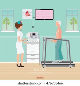 ECG Test or Exercise Stress Test for Heart Disease on treadmill, cardiology center room interior with blood pressure monitor, healthy and medical flat design vector illustration.